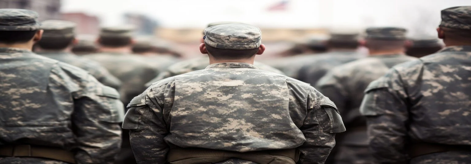 Soldiers of the US Army on the background of the city, US soldiers standing in a formation on a ceremony, rear view, top section cropped, AI Generated