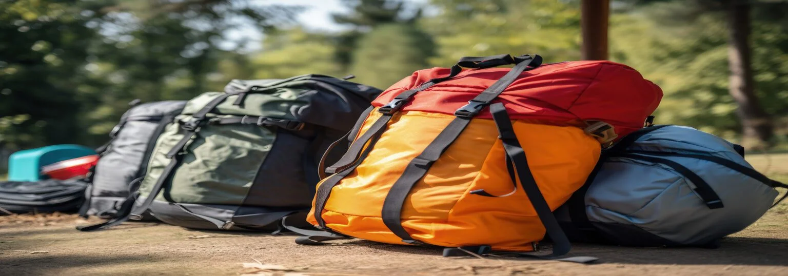 Beautiful tourist backpacks on a blurry nature background. Modern backpacks on the dirt field. Tour and travel concept with a beautiful blurry nature background and tourist bags. Generative AI.