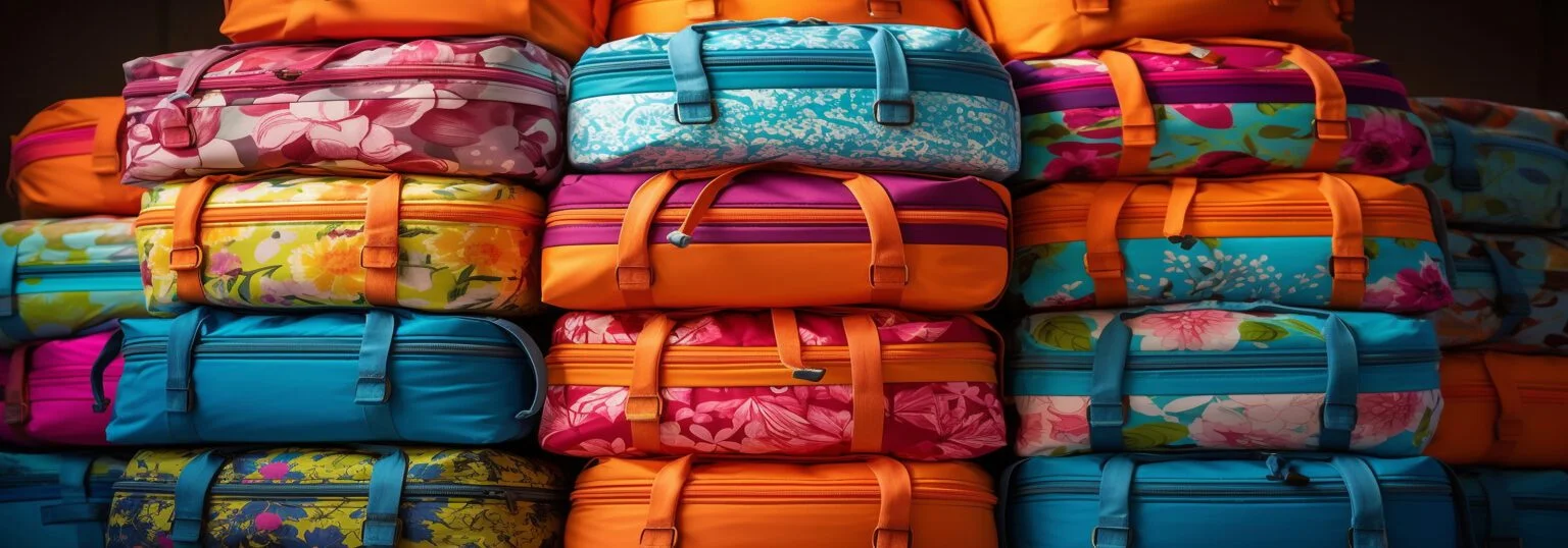 A crowded heap of multi colored luggage for a summer adventure generated by artificial intelligence